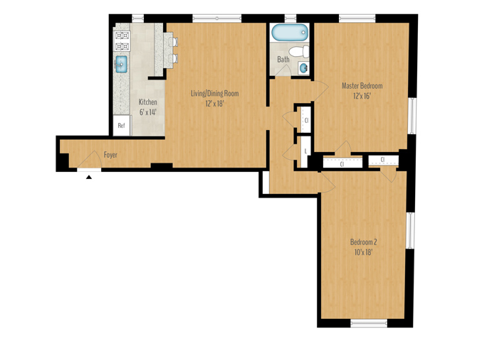Floor plan for 2 beds, 1 bath, 1045 sqft