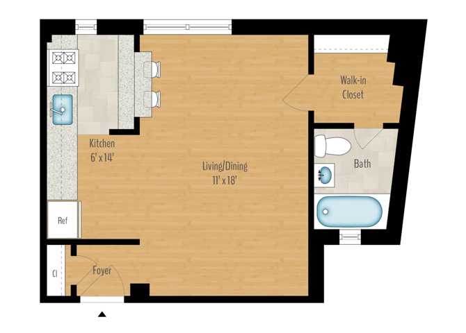 Floor plan for studio, 1 bath, 462 sqft