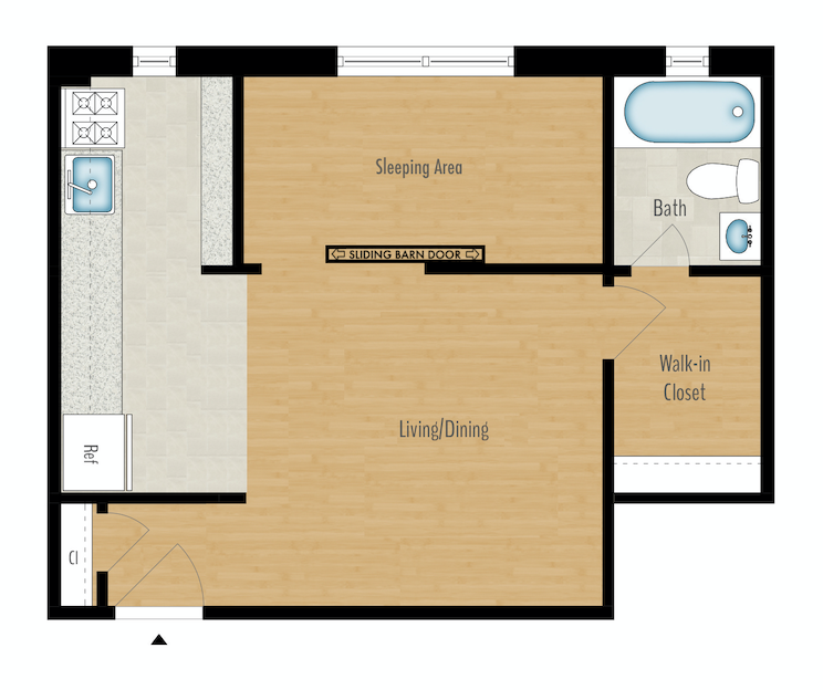 Floor plan for 1 bed, 1 bath, 462 sqft