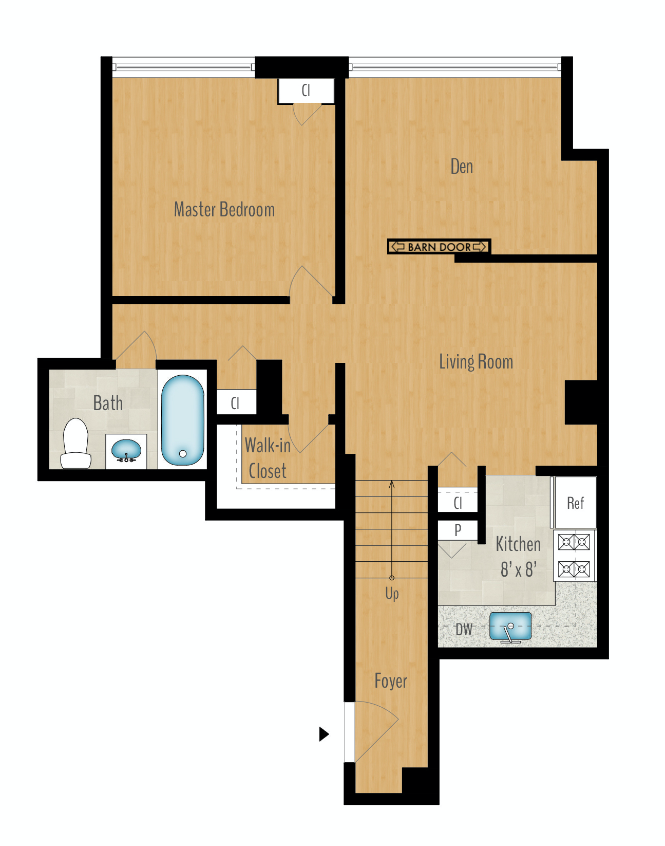 Floor plan for 1 bed, 1 bath, 908 sqft