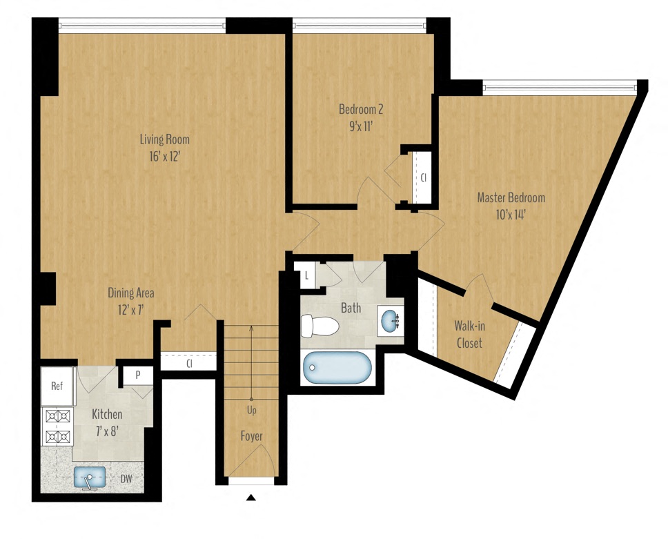 Floor plan for 2 beds, 1 bath, 914 sqft