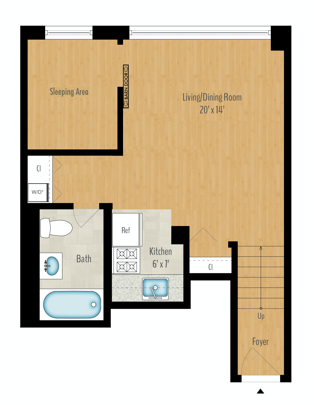 Floor plan for 1 bed, 1 bath, 473 sqft