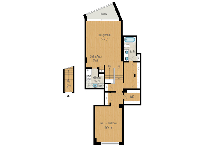 Floor plan for 1 bed, 1 bath, 924 sqft