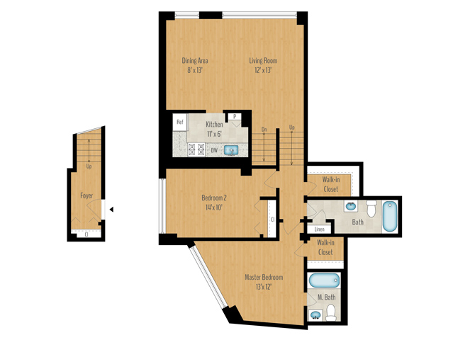 Floor plan for 2 beds, 2 baths, 1192 sqft