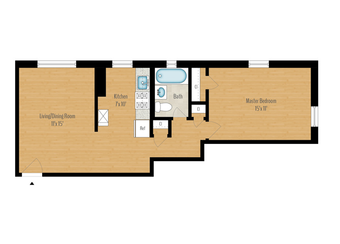 Floor plan for 1 bed, 1 bath, 651 sqft