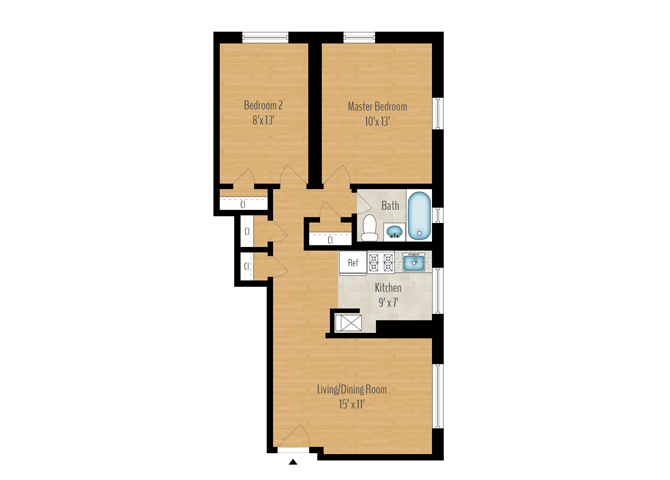Floor plan for 2 beds, 1 bath, 761 sqft