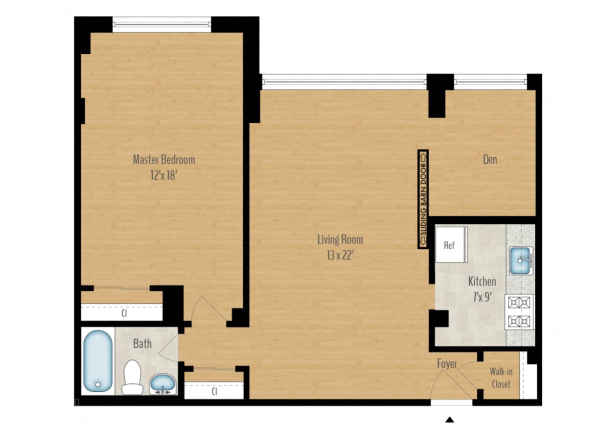 Floor plan for 1 bed, 1 bath, 800 sqft