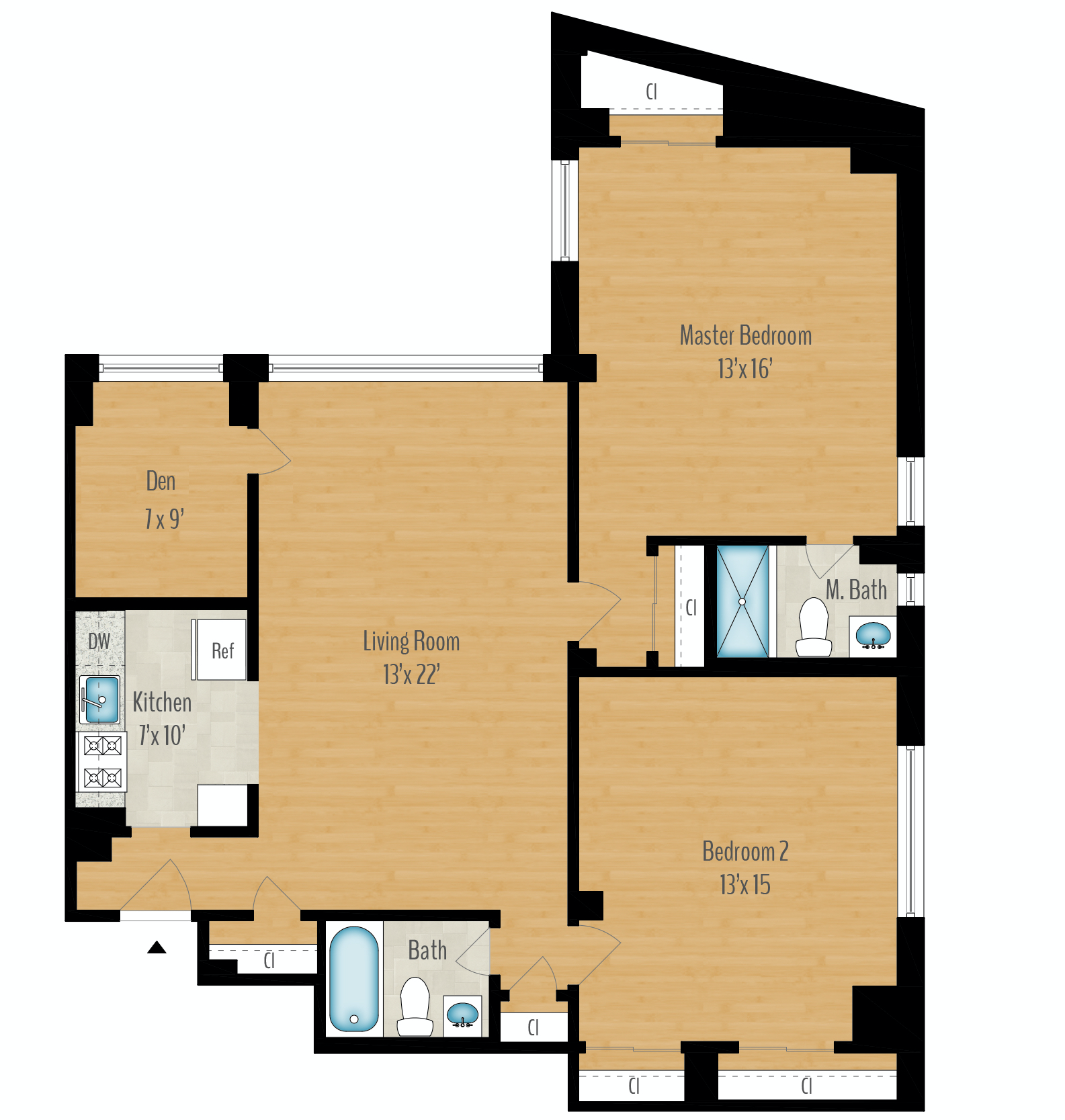 Floor plan for 2 beds, 2 baths, 1213 sqft