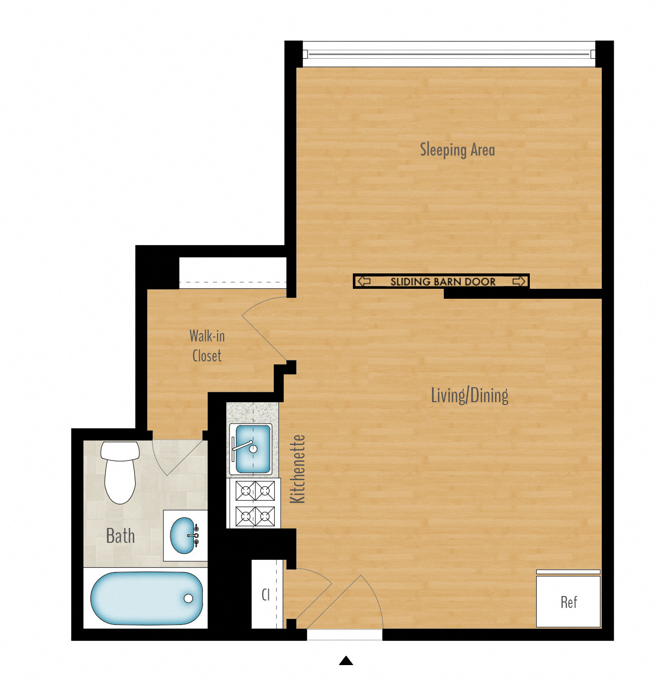 Floor plan for 1 bed, 1 bath, 460 sqft