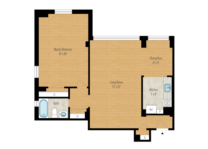 Floor plan for 1 bed, 1 bath, 825 sqft