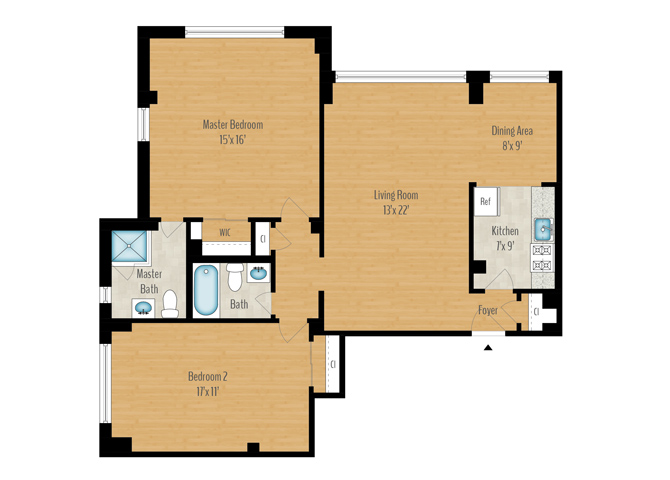 Floor plan for 2 beds, 2 baths, 1213 sqft