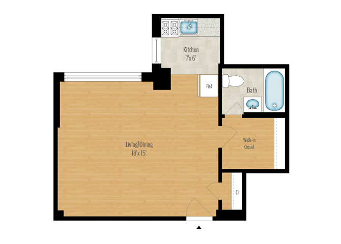 Floor plan for studio, 1 bath, 478 sqft