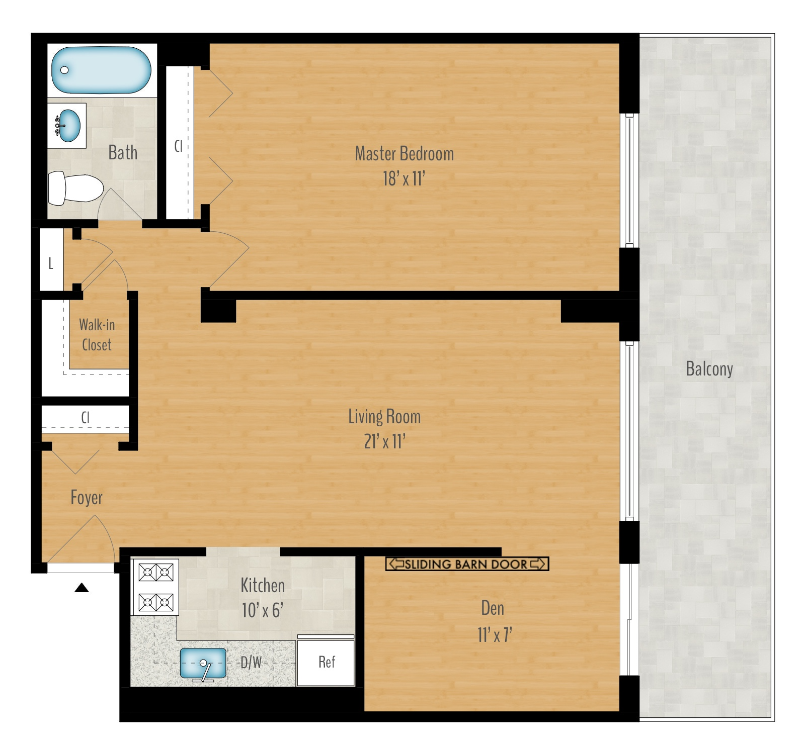 Floor plan for 1 bed, 1 bath, 877 sqft