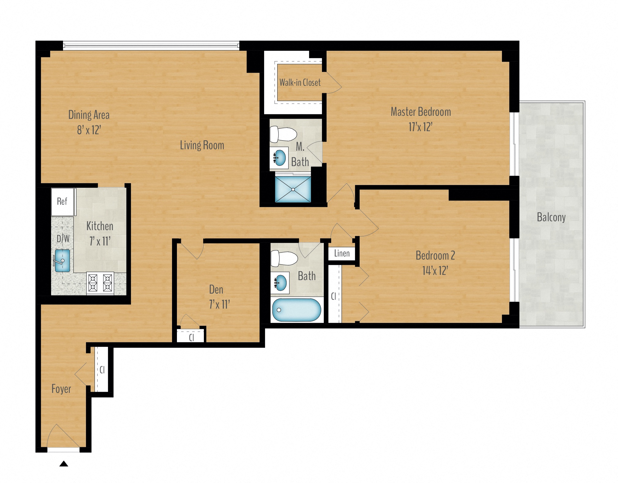 Floor plan for 2 beds, 2 baths, 1270 sqft