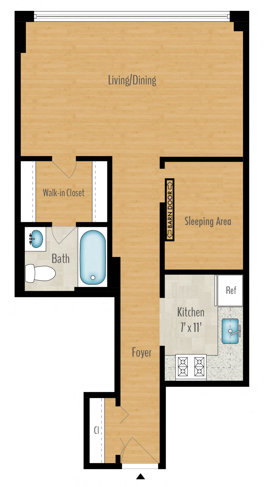 Floor plan for 1 bed, 1 bath, 514 sqft