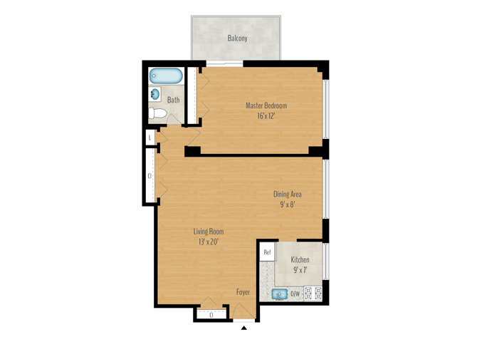 Floor plan for 1 bed, 1 bath, 877 sqft