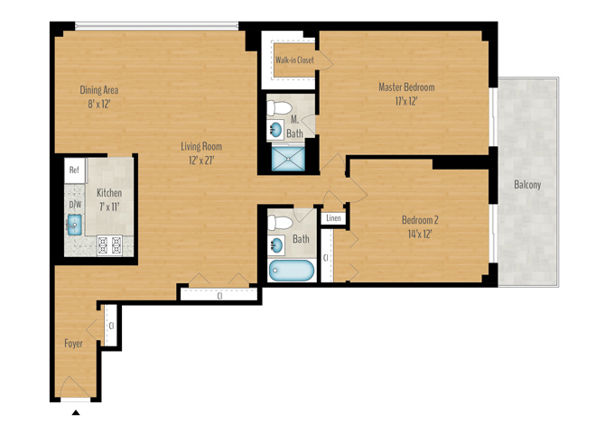 Floor plan for 2 beds, 2 baths, 1270 sqft