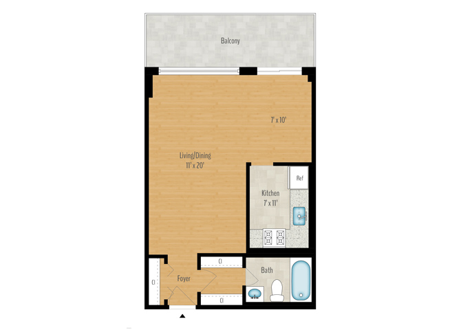 Floor plan for studio, 1 bath, 619 sqft