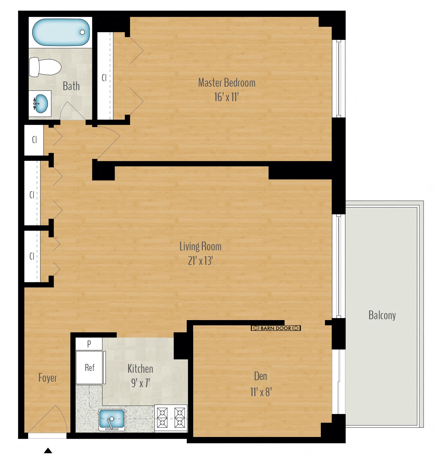 Floor plan for 1 bed, 1 bath, 914 sqft