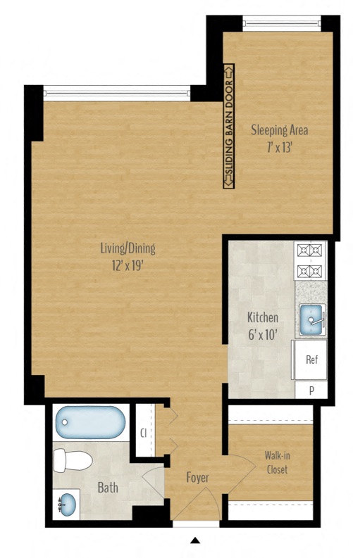 Floor plan for 1 bed, 1 bath, 656 sqft