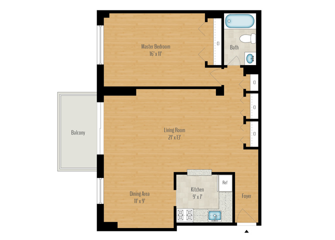 Floor plan for 1 bed, 1 bath, 866 sqft