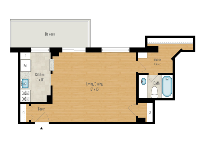 Floor plan for studio, 1 bath, 656 sqft