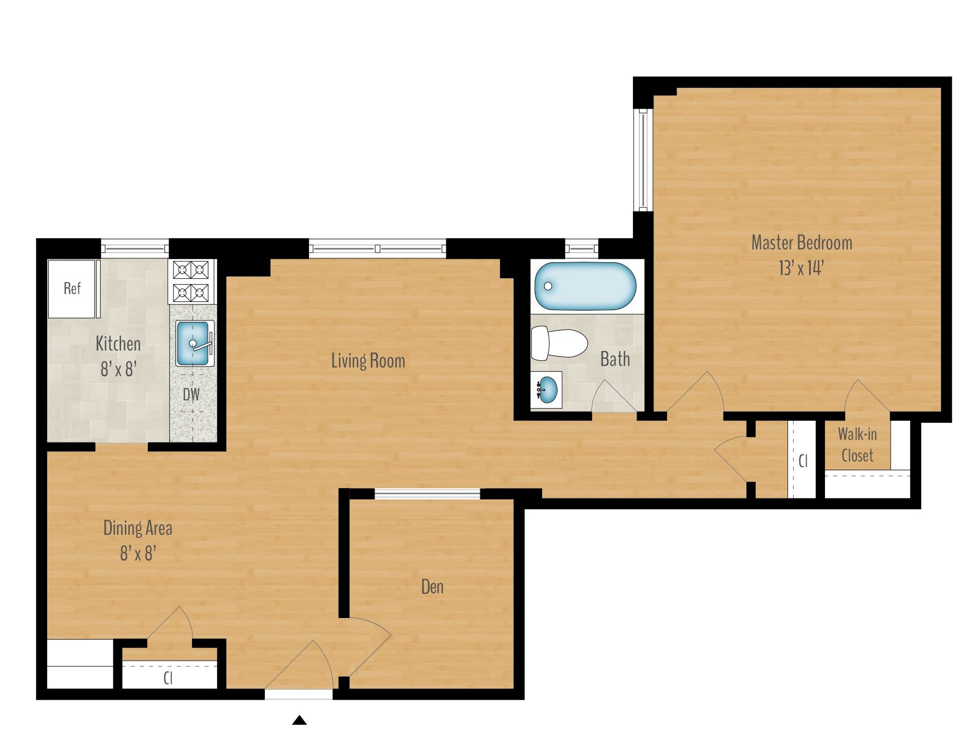 Floor plan for 1 bed, 1 bath, 767 sqft