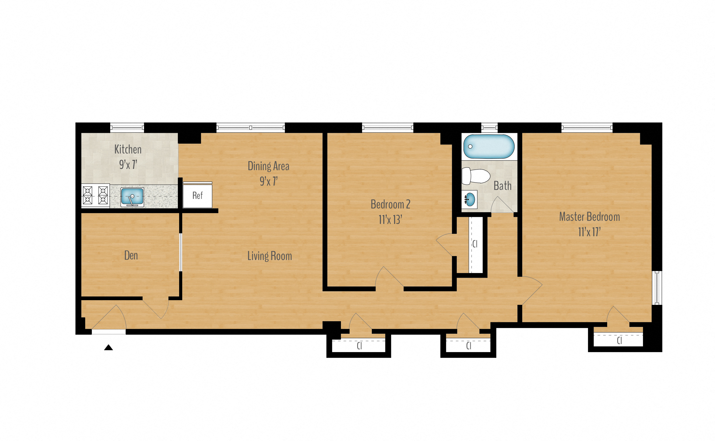 Floor plan for 2 beds, 1 bath, 982 sqft