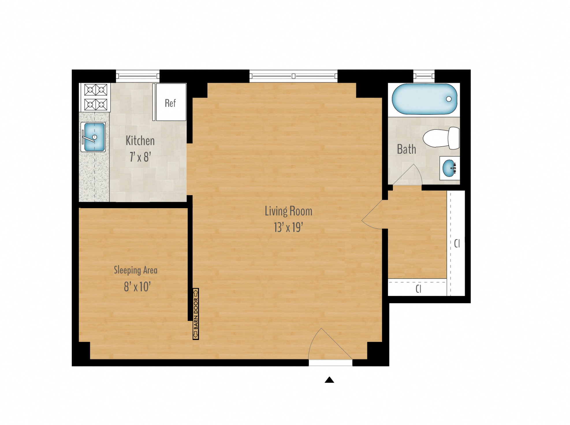 Floor plan for studio, 1 bath, 490 sqft