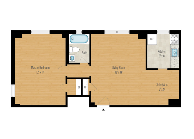 Floor plan for 1 bed, 1 bath, 751 sqft