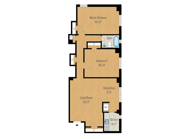 Floor plan for 2 beds, 1 bath, 977 sqft