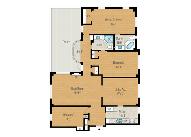 Floor plan for 3 beds, 2 baths, 1545 sqft