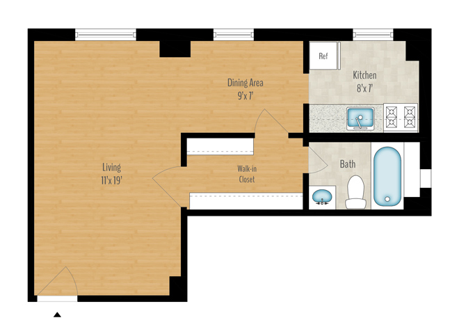 Floor plan for studio, 1 bath, 460 sqft