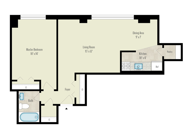 Floor plan for 1 bed, 1 bath, 693 sqft