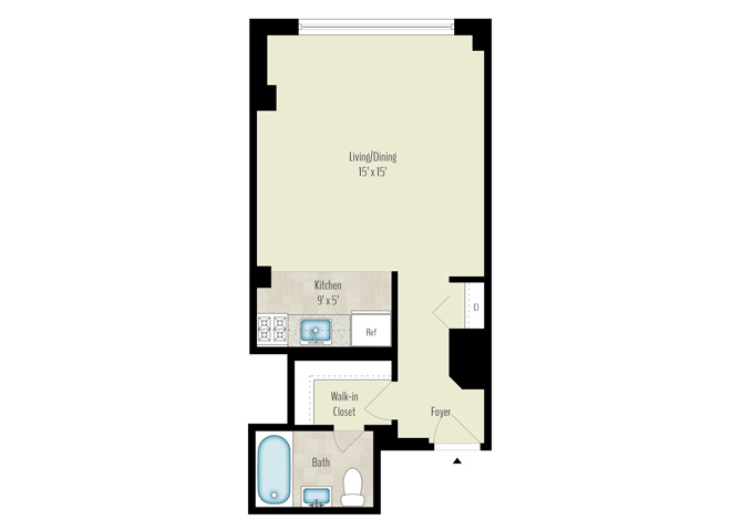 Floor plan for studio, 1 bath, 404 sqft