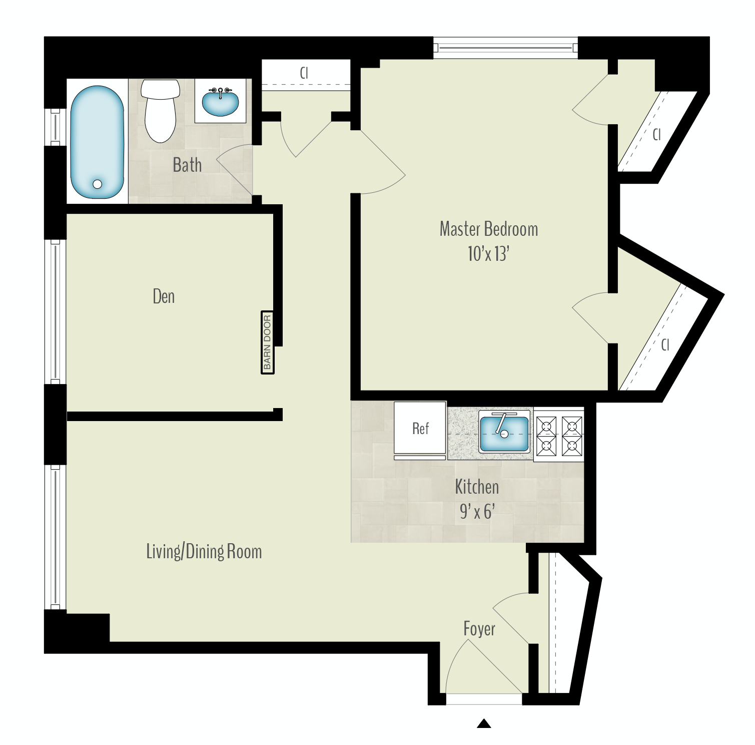 Floor plan for 1 bed, 1 bath, 599 sqft