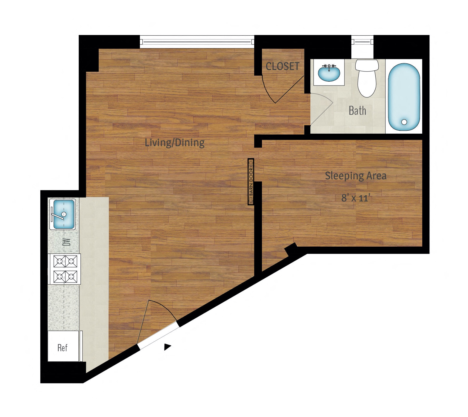 Floor plan for 1 bed, 1 bath, 420 sqft