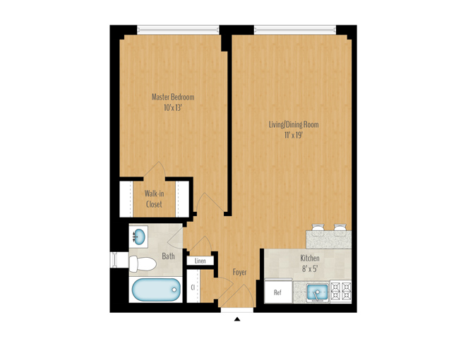 Floor plan for 1 bed, 1 bath, 593 sqft