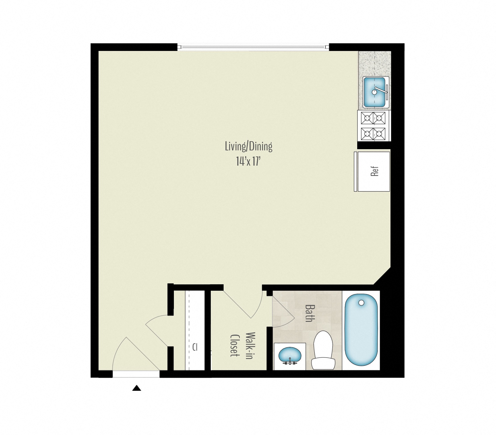 Floor plan for studio, 1 bath, 341 sqft