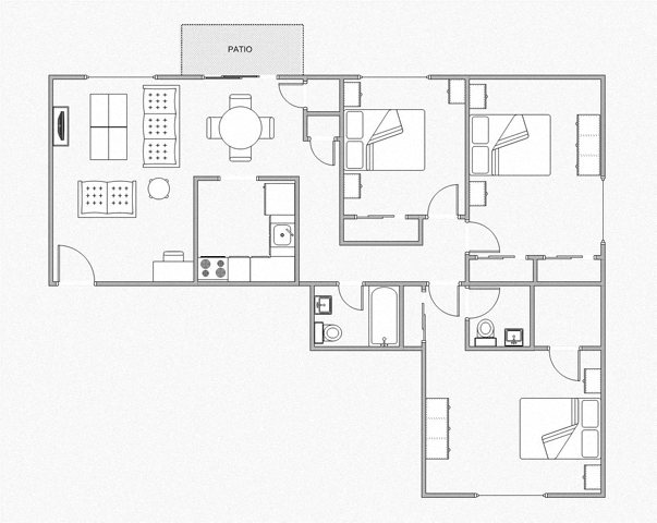 Floor plan for 3 beds, 2 baths, 1105 sqft