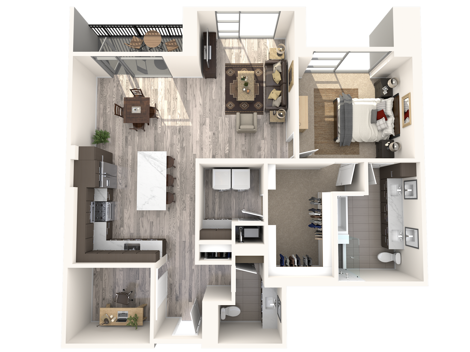 Floor plan for 1 bed, 1.5 baths, 1307 sqft
