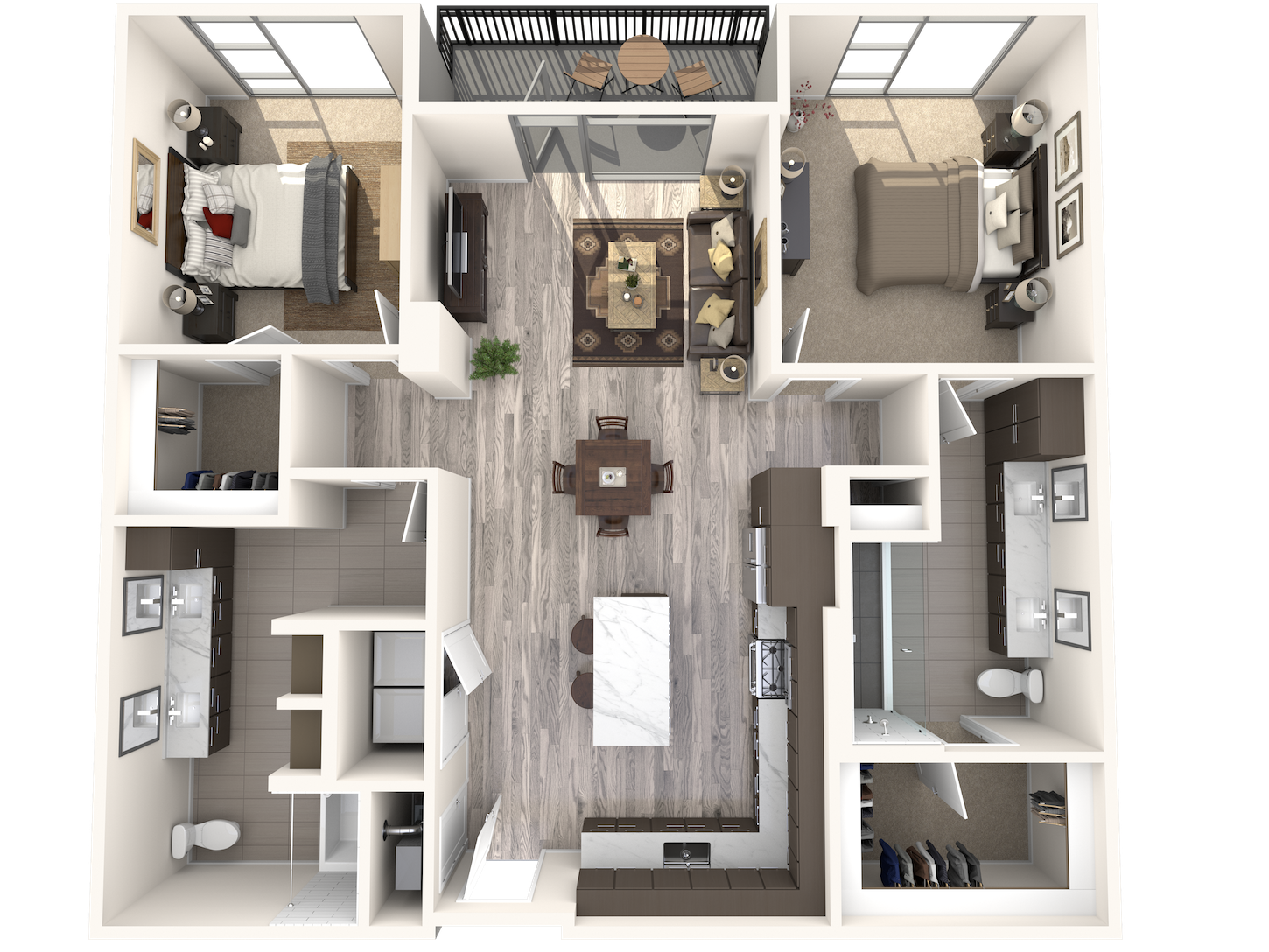 Floor plan for 2 beds, 2 baths, 1365 sqft