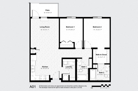Floor plan for 2 beds, 2 baths, 940 sqft