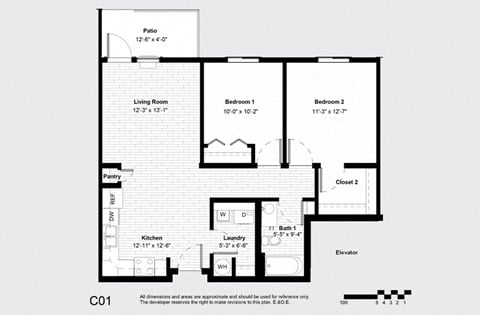 Floor plan for 2 beds, 1 bath, 882 sqft