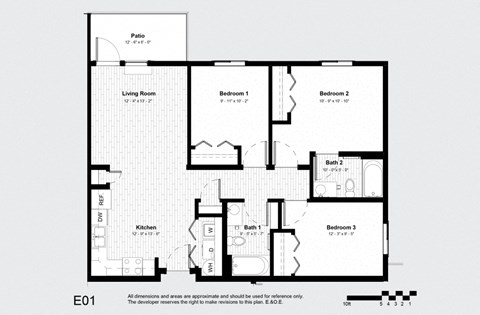Floor plan for 3 beds, 2 baths, 1036 sqft