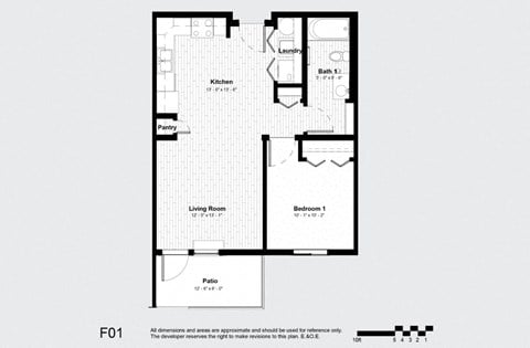 Floor plan for 1 bed, 1 bath, 641 sqft