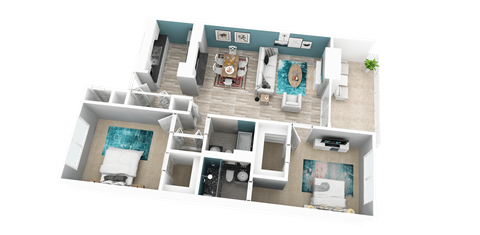 Floor plan for 2 beds, 2 baths, 998 sqft