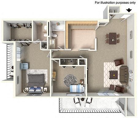 Floor plan for 2 beds, 1.5 baths, 1046 sqft