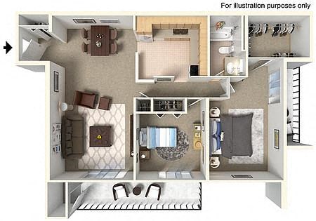 Floor plan for 2 beds, 1 bath, 974 sqft
