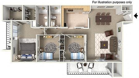 Floor plan for 3 beds, 2 baths, 1327 sqft